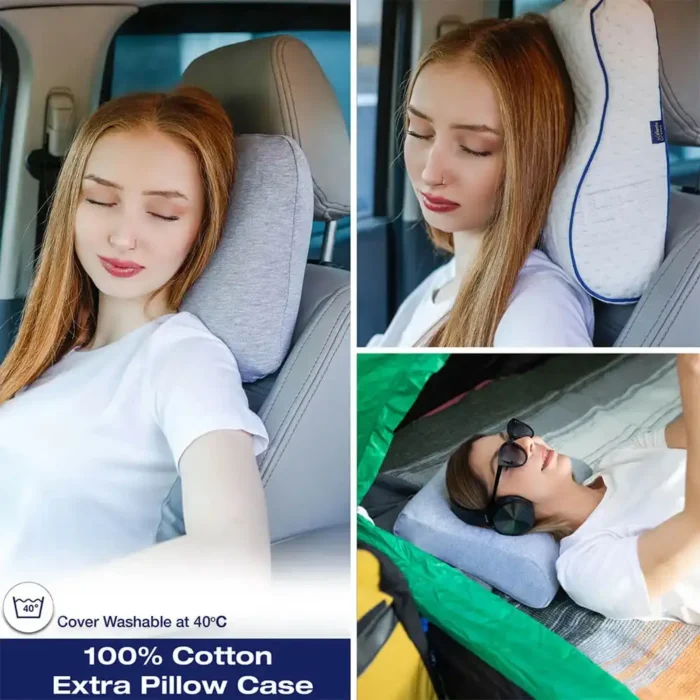 Drei Bilder zeigen eine Frau, die ein Memory Foam Reisekissen nutzt: links im Auto mit grauem Bezug, oben rechts mit weissem Bezug und blauer Umrandung am Autositz, unten rechts entspannt sie mit Kopfhörern auf dem Kissen im Zelt. Der Bezug ist bei 40°C waschbar.