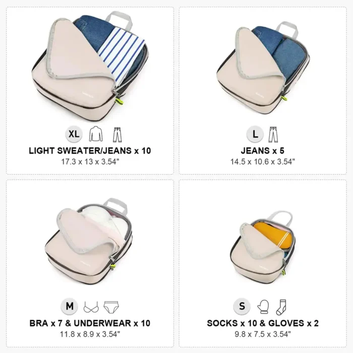 Beige Kleider Packwürfel in vier Grössen (XL, L, M, S) mit unterschiedlichem Fassungsvermögen für Jeans, Pullover, Unterwäsche, Socken und Handschuhe. Geöffnete Packwürfel zeigen ordentlich verstaute Kleidung.