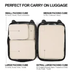 Beige Kleider-Packwürfel in verschiedenen Grössen, ordentlich im Handgepäck-Koffer verstaut, ideal für Kleidung, Unterwäsche, Socken und Accessoires.