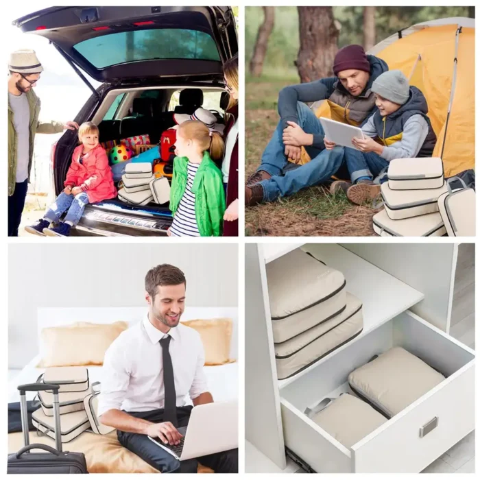Vielseitig einsetzbare Kleider Packwürfel in Beige, verwendet beim Familienausflug mit dem Auto, Camping, Geschäftsreise und zur ordentlichen Aufbewahrung im Schrank.
