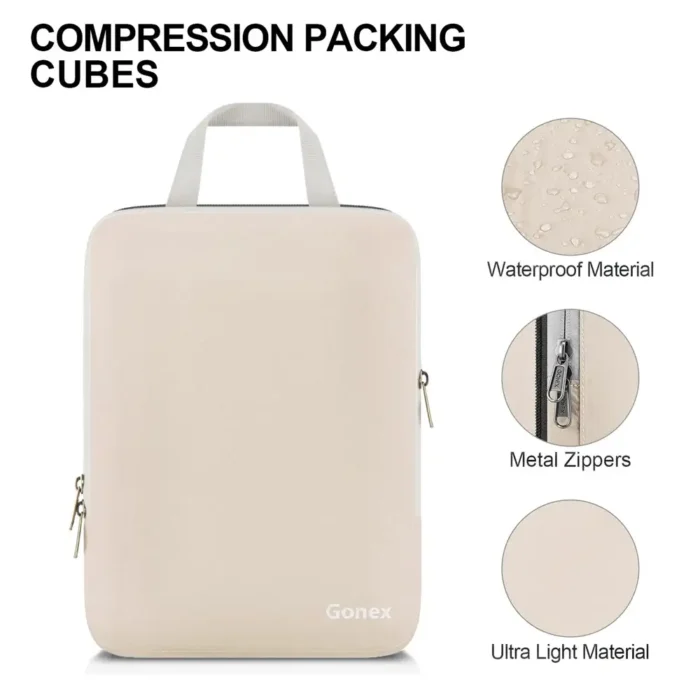 Beiger Kleider Packwürfel von Gonex mit wasserabweisendem Material, Metallreissverschlüssen und ultraleichtem Design für platzsparendes Packen.