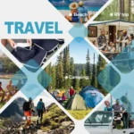 Reise-Collage mit verschiedenen Outdoor- und Urlaubsaktivitäten, darunter Camping, Strand, Wohnmobilreisen, Klettern und Autofahrten. Im Zentrum steht ein Kompressions-Packwürfel für organisiertes Packen auf Reisen.
