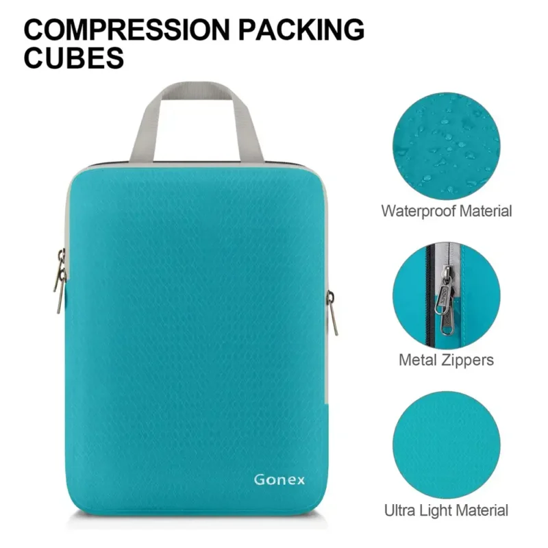 Kompressions Packwürfel von Gonex in Türkis mit wasserdichtem Material, stabilen Metallreissverschlüssen und ultraleichtem Design für effizientes Packen auf Reisen.