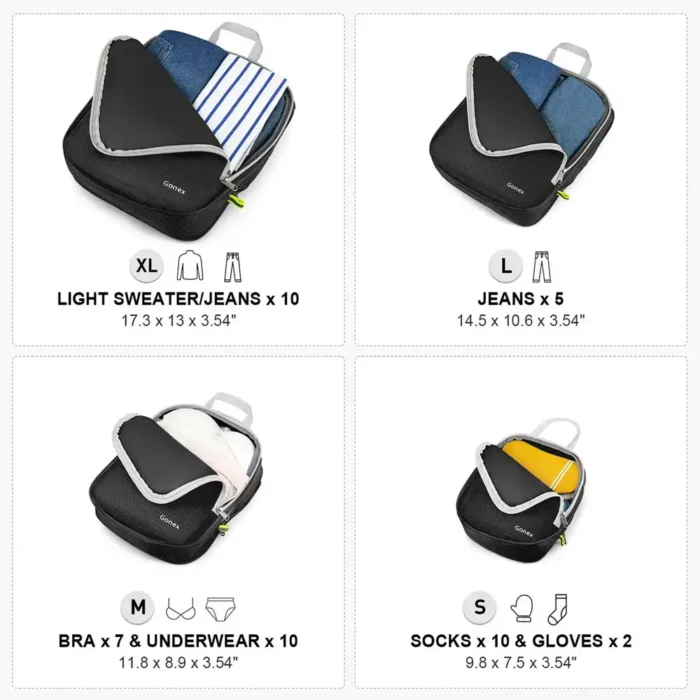 Set aus Kompressions Packwürfeln von Gonex in verschiedenen Grössen (XL, L, M, S), ideal zur organisierten Aufbewahrung von Kleidung wie Jeans, Pullovern, Unterwäsche, Socken und Handschuhen.
