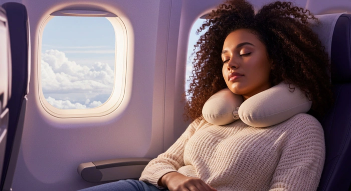 Frau mit lockigem Haar schläft entspannt im Flugzeug mit einem beigen Nackenkissen, während Sonnenlicht durch das Fenster scheint.