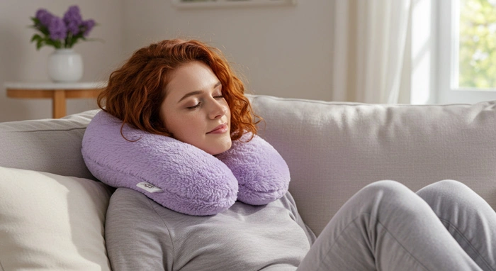 Frau mit roten Haaren entspannt auf dem Sofa mit einem flauschigen, lavendelfarbenen Nackenkissen.