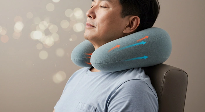 Mann entspannt mit geschlossenem Augen, trägt ein ergonomisches, graublaues Nackenkissen mit Luftzirkulationsanzeige.