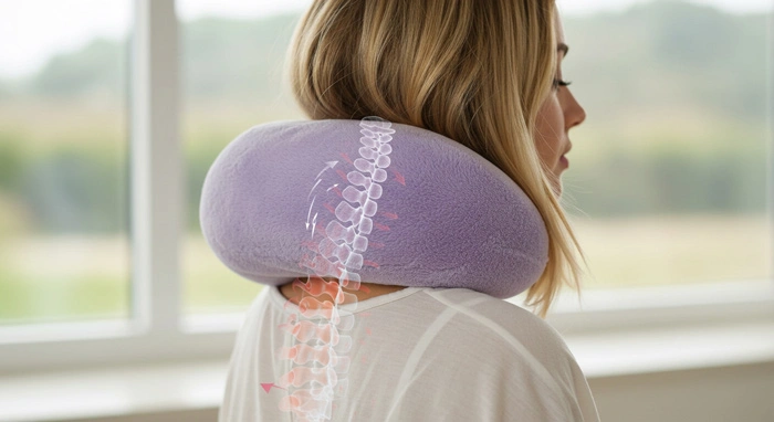Frau mit blondem Haar sitzt mit einem flauschigen, lilafarbenen Nackenkissen; transparente Wirbelsäulen-Grafik zeigt ergonomische Unterstützung.