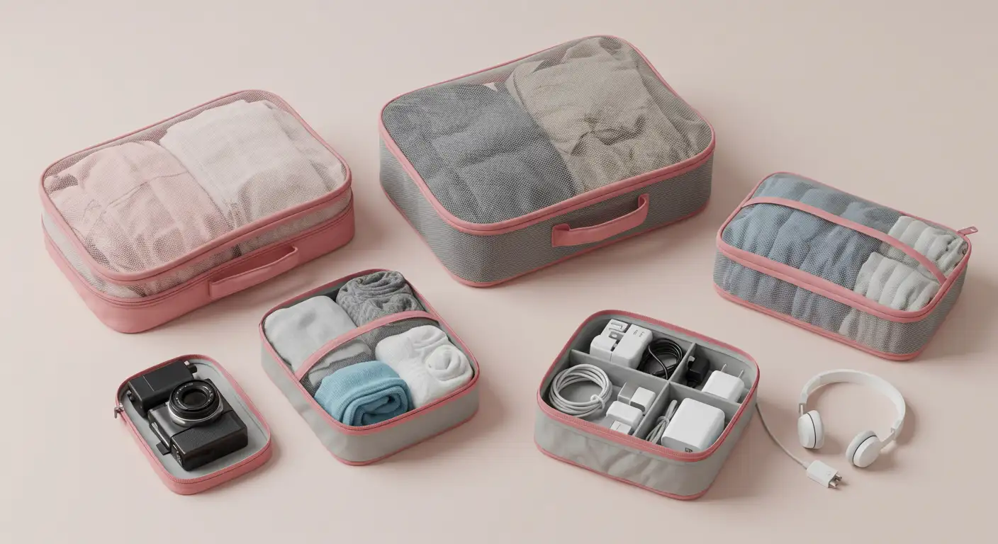 Set aus mehreren Packwürfeln in Rosa und Grau mit Netzabdeckung für eine strukturierte Gepäckorganisation im Koffer.