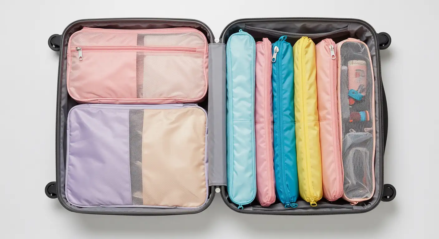 Koffer mit verschiedenfarbigen Packwürfeln und Koffer Organizern, die Kleidung und Reiseutensilien ordentlich verstauen.