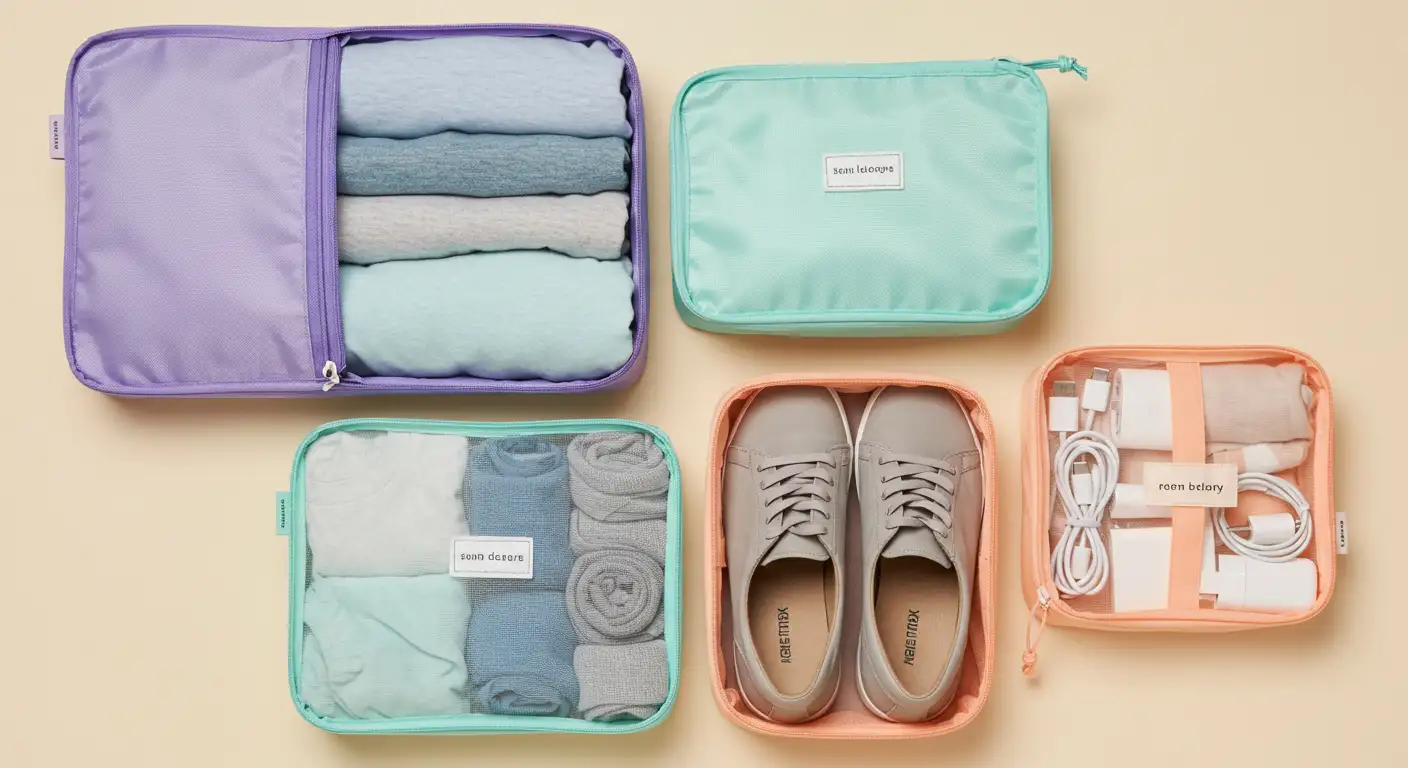 Geöffnete Packwürfel mit Kleidung, Schuhen und Kabeln, organisiert für effizientes Packen und Reisen.