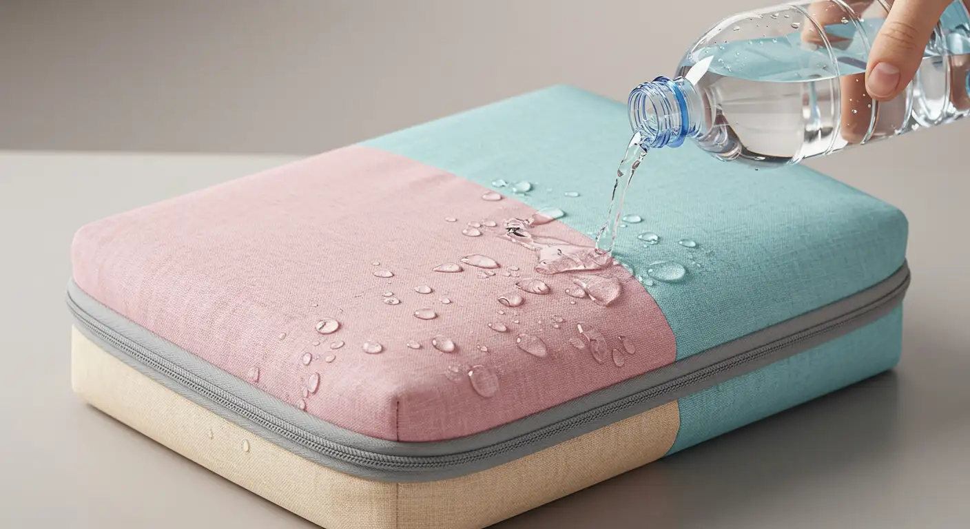Wasserabweisender Packwürfel in Blau, Rosa und Beige mit Wassertropfen auf der Oberfläche – ideal für den Schutz von Kleidung auf Reisen.