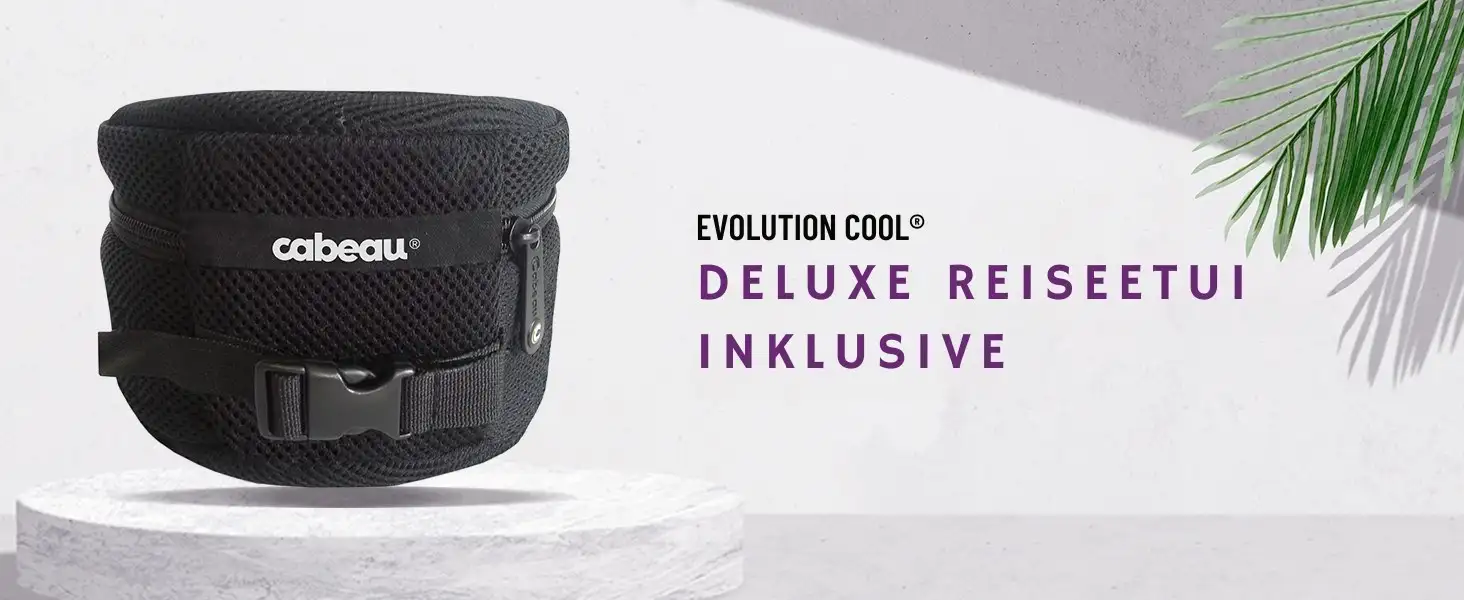 Schwarze, kompakte Transporttasche für das Cabeau Evolution Cool Nackenkissen – Deluxe-Reisebeutel inklusive.