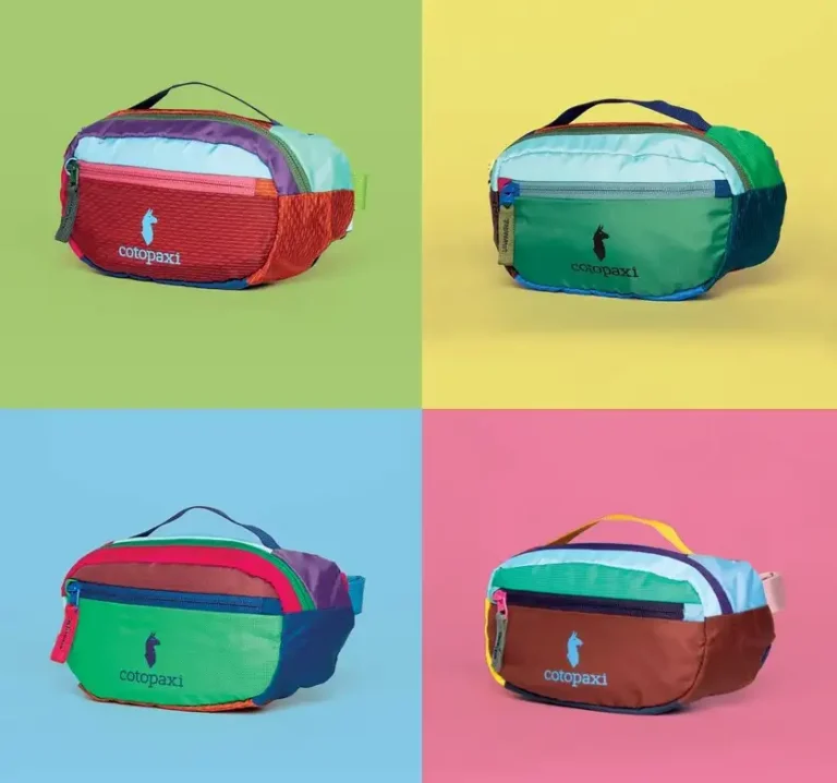 Vier farbenfrohe Cotopaxi-Hüfttaschen aus der Del Día Collection, jeweils einzeln vor buntem Hintergrund präsentiert – jedes Modell ein einzigartiges Unikat aus recycelten Materialien.