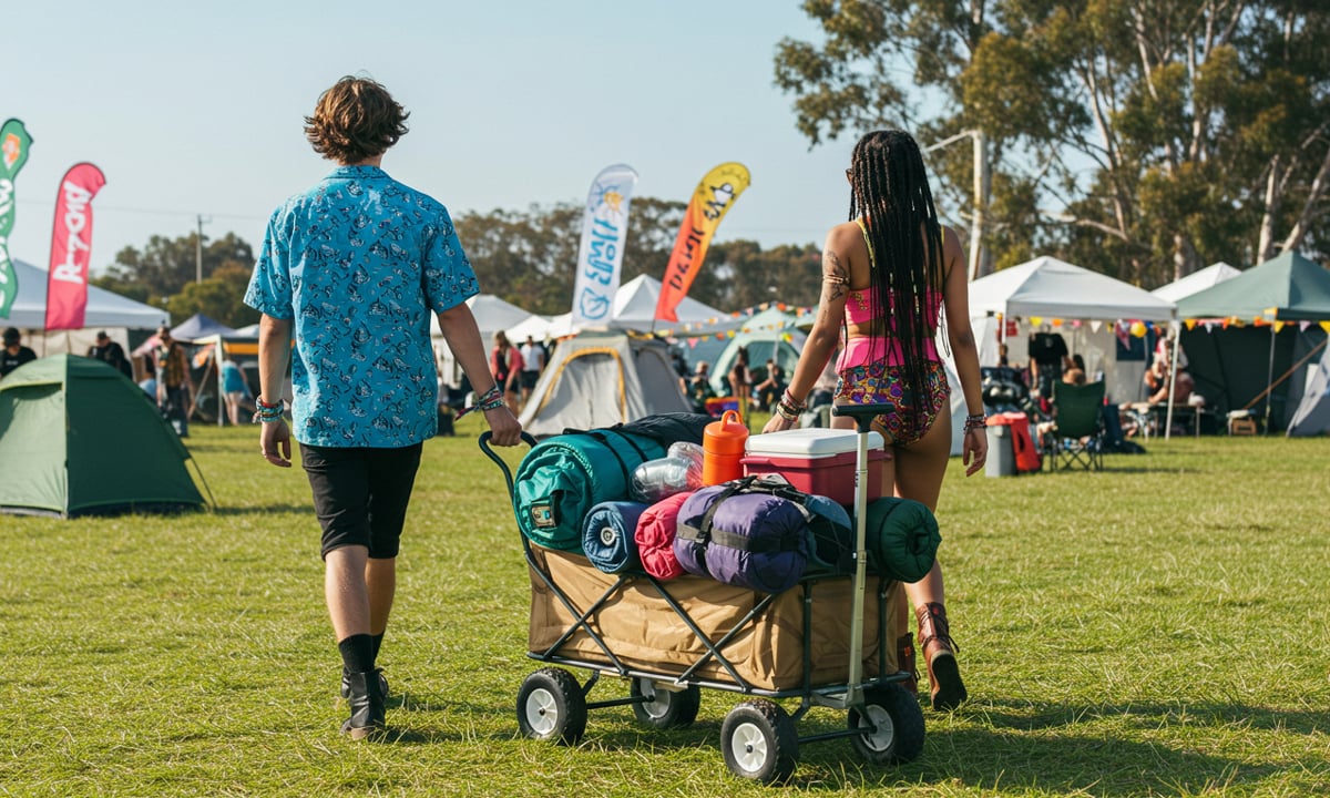 Zwei Festivalbesucher ziehen bei Tageslicht einen vollgepackten Festivalwagen mit Schlafsäcken, Kühlbox und Ausrüstung über das Festivalgelände mit Zelten und bunten Fahnen im Hintergrund.