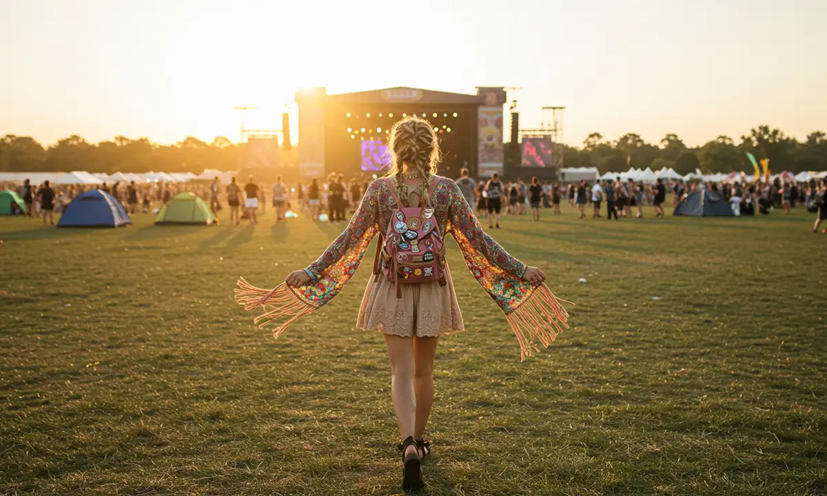 Person mit buntem Festival-Outfit und Rucksack geht über ein sonniges Festivalgelände mit Zelten im Vordergrund und einer großen Bühne im Hintergrund.