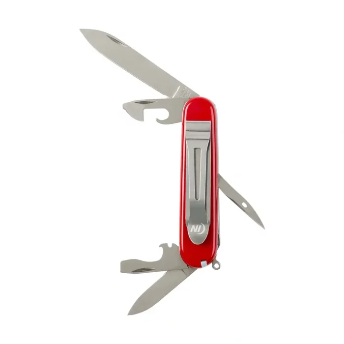 Rotes Taschenmesser mit mehreren ausgeklappten Werkzeugen und montiertem Gürtelclip auf weissem Hintergrund.