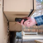 Eine Person in einem blauen Hemd versteckt eine schwarze Schlüsselbox Auto unter einem Metallkasten an der Hauswand.