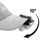 Detailaufnahme einer grauen NITE IZE-Kappe mit montierter Clip-Lampe, die um 90 Grad nach unten schwenkbar ist – veranschaulicht durch einen Pfeil.