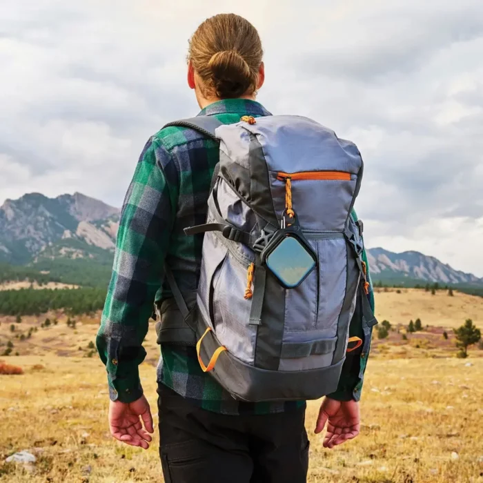 Wanderer mit Blick auf die Berge – die Solar Campinglampe lädt sich unterwegs direkt am Rucksack auf.