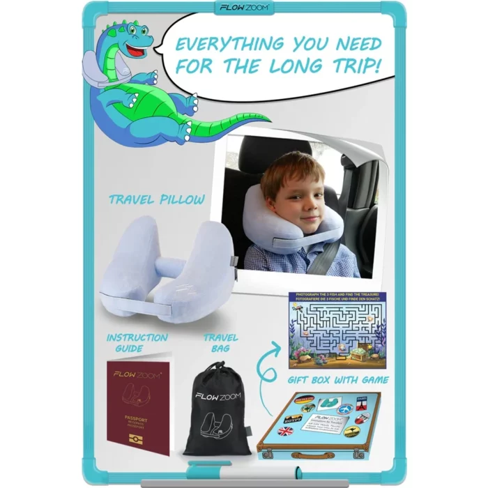 Set mit Nackenkissen für Kleinkinder inklusive Tragetasche, Spielbox, Anleitung und Geschenkverpackung