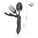 Kompaktes 4-in-1 Klappbesteck mit Messer, Gabel, Löffel und Flaschenöffner – aufgeklappt mit Grössenangaben