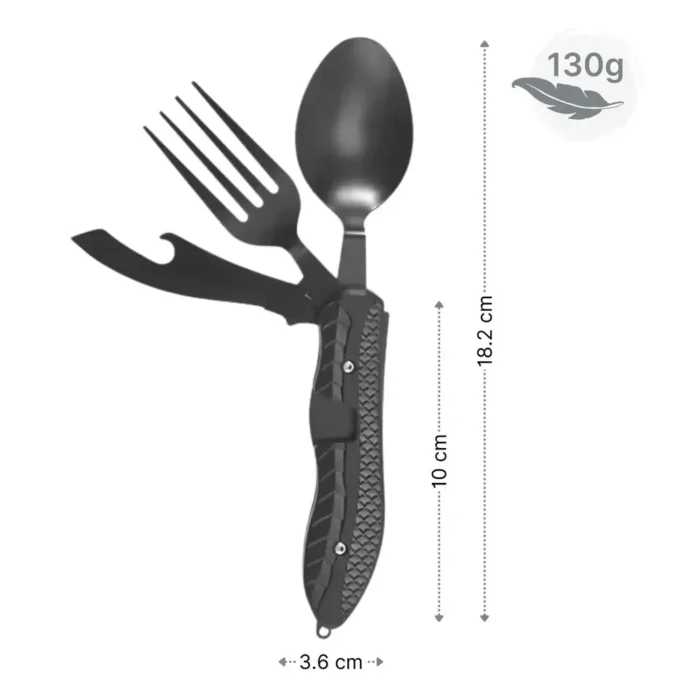 Kompaktes 4-in-1 Klappbesteck mit Messer, Gabel, Löffel und Flaschenöffner – aufgeklappt mit Grössenangaben