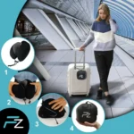 Faltbares Flugzeug Reisekissen im Einsatz – Frau mit Koffer am Flughafen, zeigt platzsparendes Nackenkissen mit praktischer Transporttasche in 4 Schritten.