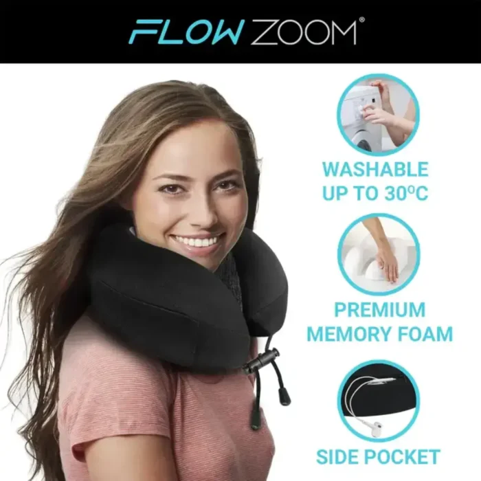 Junge Frau trägt ein schwarzes Flugzeug Reisekissen von Flow Zoom, lächelt in die Kamera. Rechts daneben Symbole für Maschinenwäsche bei 30 °C, Premium-Memory-Schaum und eine seitliche Tasche mit Kopfhörern.