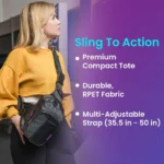 Frau trägt ein schwarzes Sling Pack mit verstellbarem Gurt über der Schulter, daneben kurze Produkteigenschaften auf lila Hintergrund.