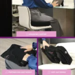 Aufblasbares Sitzkissen im Einsatz am Schreibtisch, beim Entlüften und zusammengefaltet – mit Fokus auf Ergonomie, Tragbarkeit und Rutschfestigkeit.