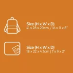 Grössenangaben eines faltbaren Reiserucksacks in zwei Zuständen: 41 × 28 × 20 cm im geöffneten Zustand, 18 × 22 × 4.5 cm im kompakten Format.