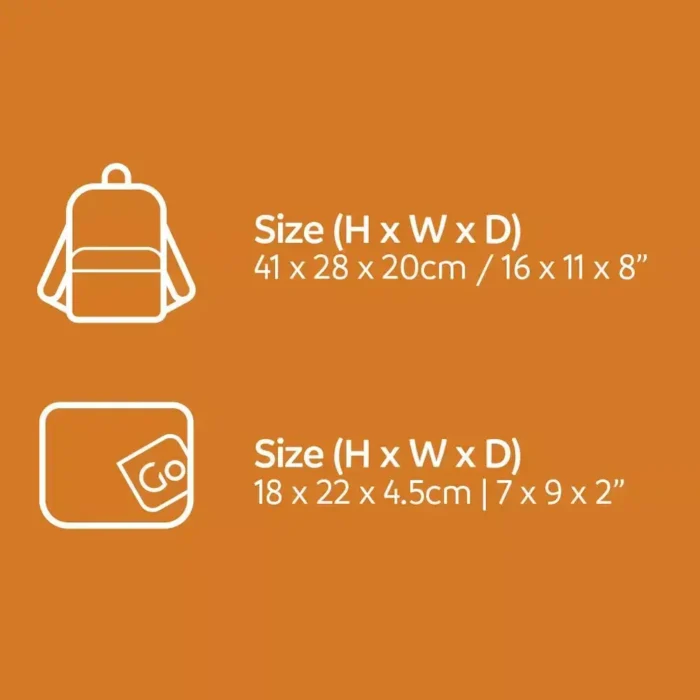 Grössenangaben eines faltbaren Reiserucksacks in zwei Zuständen: 41 × 28 × 20 cm im geöffneten Zustand, 18 × 22 × 4.5 cm im kompakten Format.