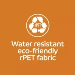 Symbol für recyceltes PET (rPET) mit Text: "Water resistant, eco-friendly rPET fabric" auf orangefarbenem Hintergrund.