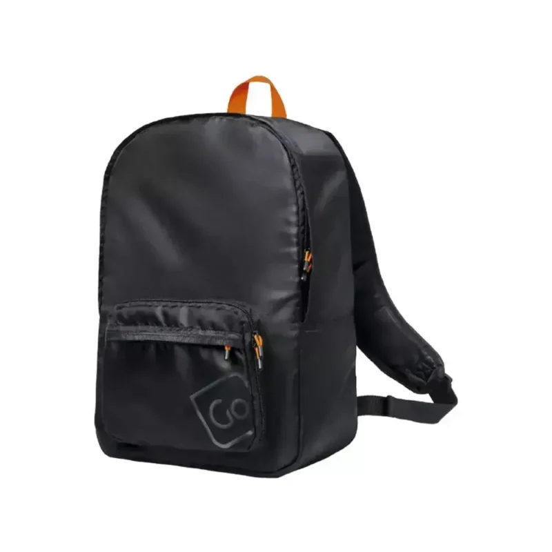 Schwarzer faltbarer Reiserucksack von Go Travel mit Fronttasche und orangefarbenem Tragegriff.
