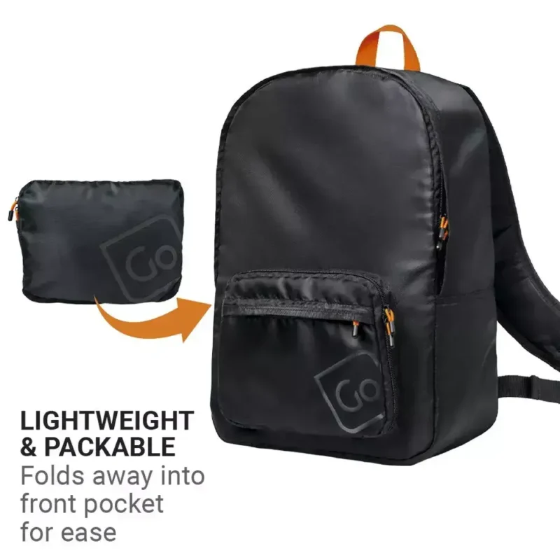 Faltbarer Reiserucksack von Go Travel, zusammengelegt in der Fronttasche und vollständig entfaltet daneben gezeigt.