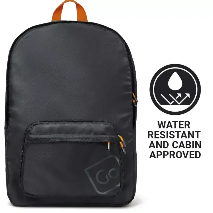 Reiserucksack von Go Travel mit Hinweis auf wasserabweisendes Material und Kabinengepäck-Zulassung.