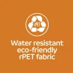 Symbol für Recycling mit rPET-Flaschen und Text "Water resistant eco-friendly rPET fabric" auf orangefarbenem Hintergrund.