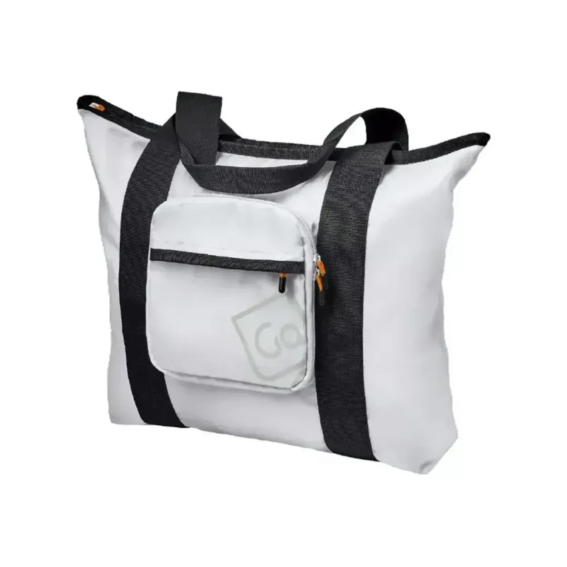 Faltbare Tragetasche von Go Travel in Weiss mit schwarzen Tragegriffen und Fronttasche.