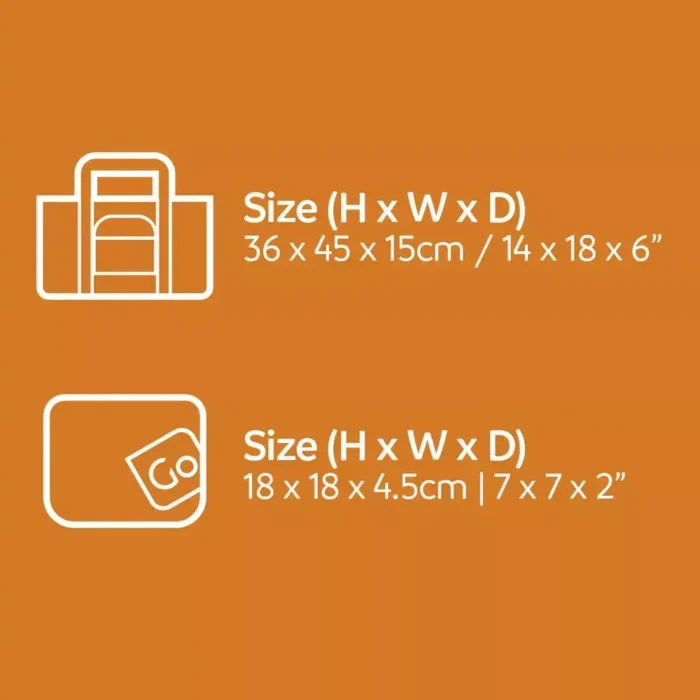 Masse der Go Travel Tasche: 36 × 45 × 15 cm offen, 18 × 18 × 4.5 cm gefaltet.
