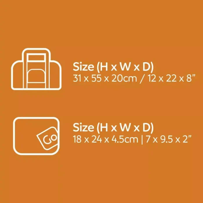 Masse der faltbaren Reisetasche von Go Travel: 31 × 55 × 20 cm geöffnet, 18 × 24 × 4,5 cm zusammengefaltet.