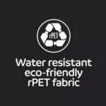 Symbol für recyceltes PET mit Text „Water resistant eco-friendly rPET fabric“ auf schwarzem Hintergrund.
