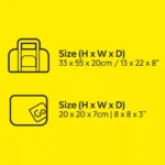 Masse der faltbaren Reisetasche von Go Travel (33 × 55 × 20 cm) und Packmass (20 × 20 × 7 cm) auf gelbem Hintergrund.