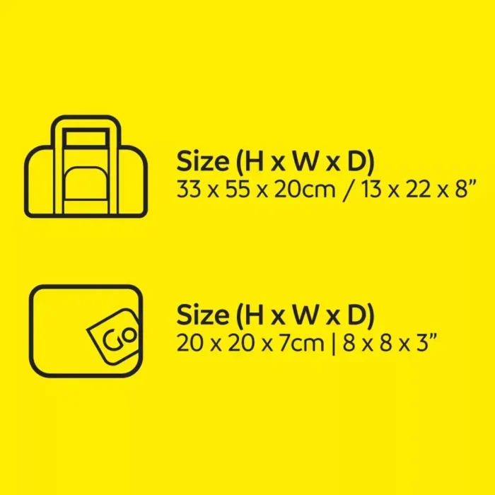 Masse der faltbaren Reisetasche von Go Travel (33 × 55 × 20 cm) und Packmass (20 × 20 × 7 cm) auf gelbem Hintergrund.