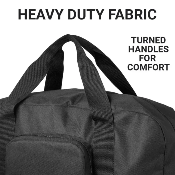 Detailansicht der Griffe der faltbaren Reisetasche von Go Travel mit Hinweis auf robustes Material und gedrehte Tragegriffe für mehr Komfort.