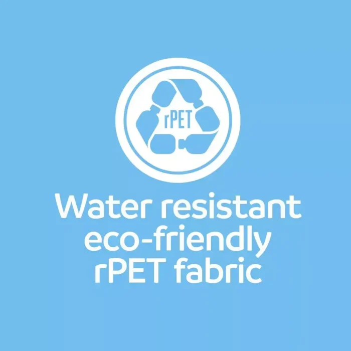 Grafik mit rPET-Symbol und Text „Water resistant eco-friendly rPET fabric“ auf hellblauem Hintergrund.